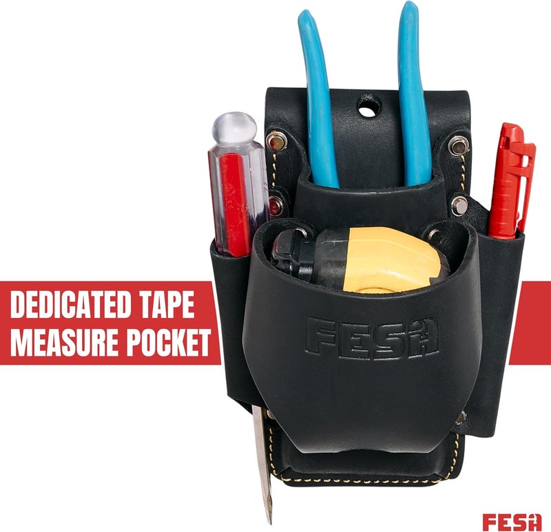 fesa Small Leather Tool Pouch - 4-in-1 Heavy Top Grain Leather Small Tool Pouch with a Tape Measure Holder, 3 Pockets & Reinforced Heavy Duty Rivets - Fits Belts up to 3" - Handcrafted - Image 3